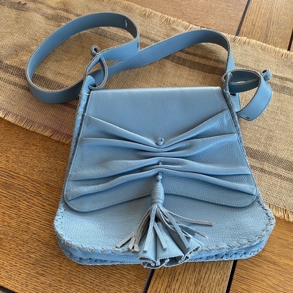 Jill Haber crossbody tassel bag in slate gray blue. High end leather bag! - Picture 2 of 10